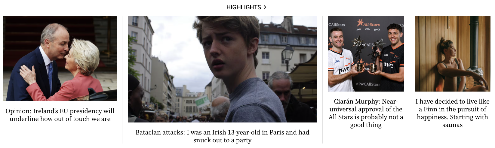 The Irish Times Highlights carousel featuring the Bataclan piece.