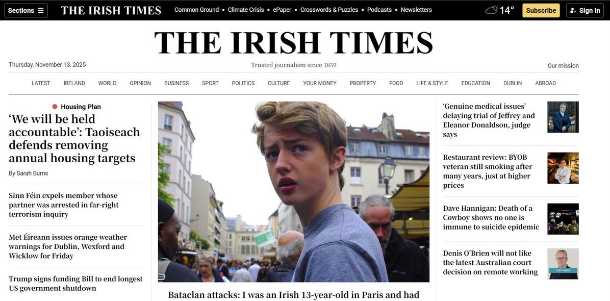 The Irish Times homepage featuring the Bataclan article.