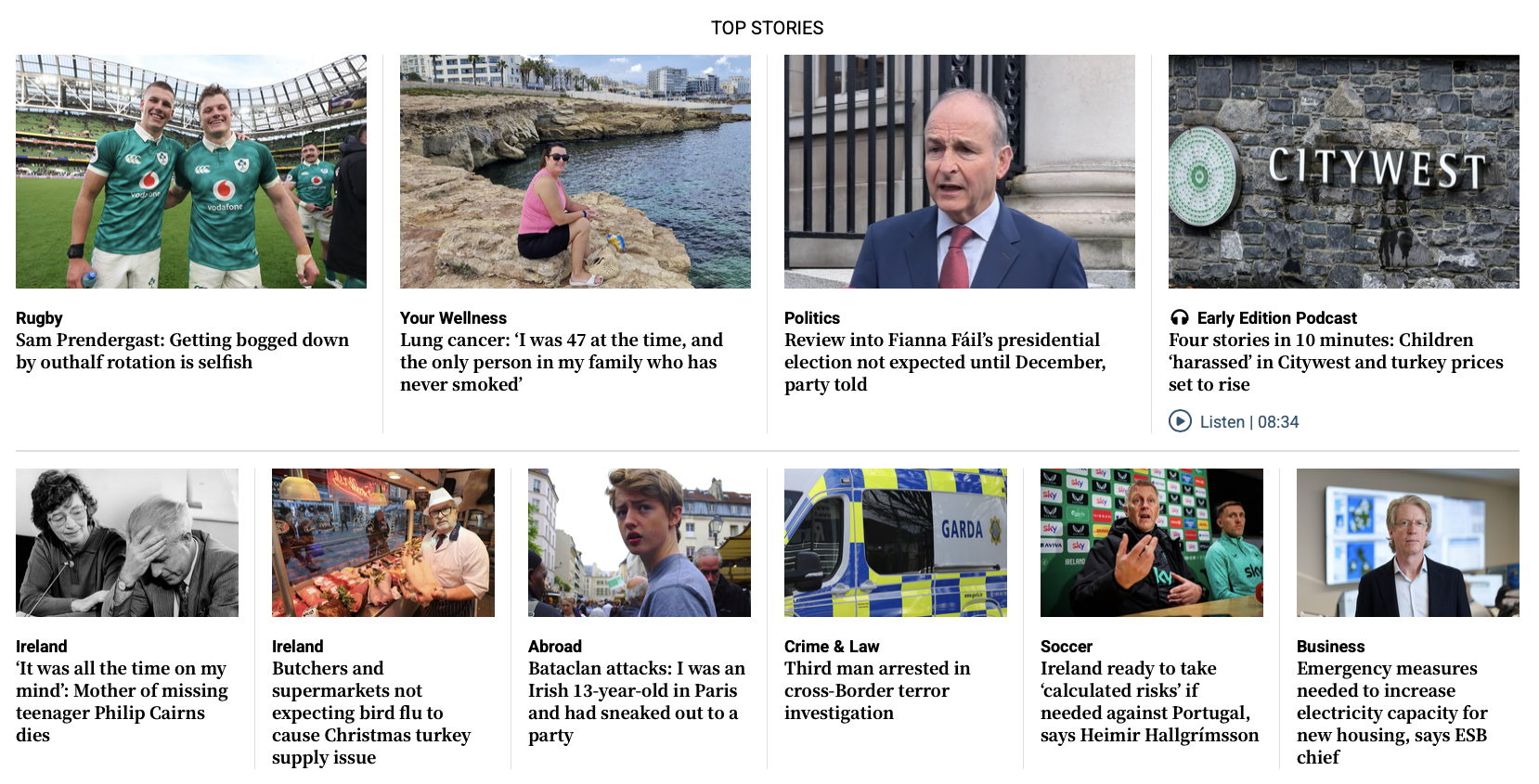 The Irish Times Top Stories section featuring the Bataclan piece.