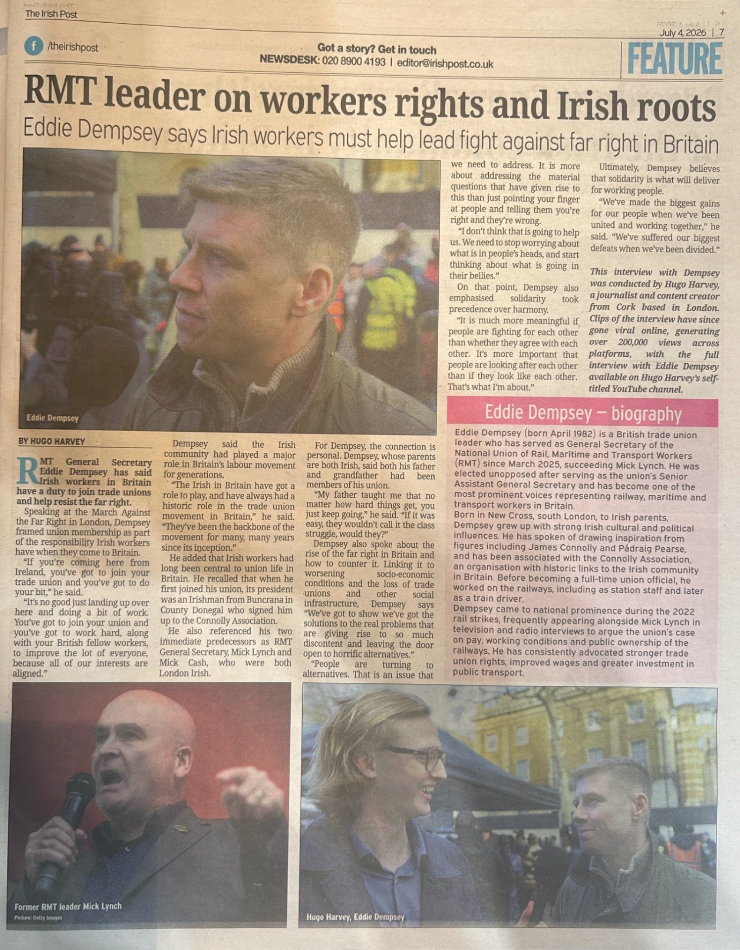 First print feature: a full page in The Irish Post