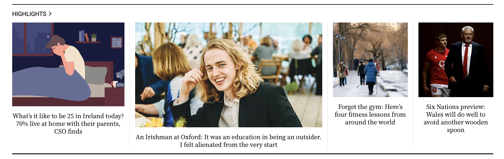 The Irish Times Highlights carousel featuring the Oxford piece.
