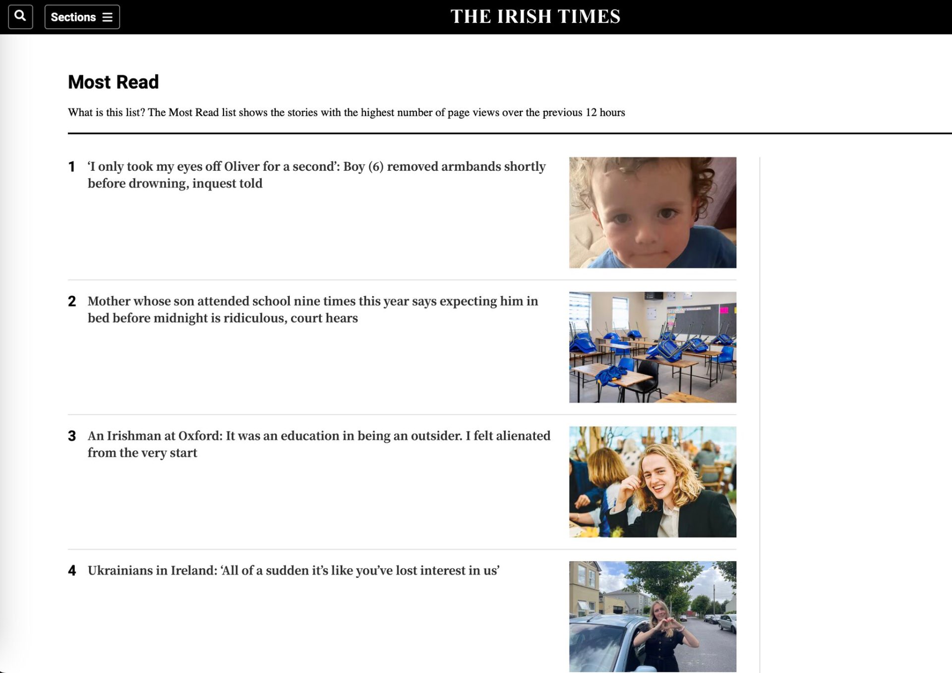 The Irish Times Most Read list featuring the Oxford piece.