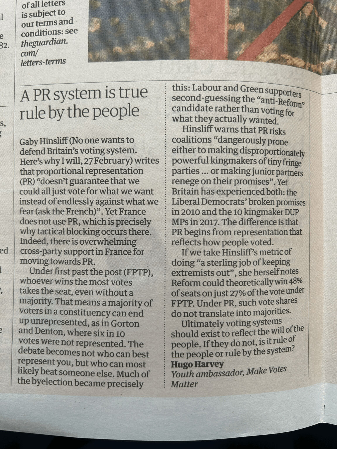 The Guardian letter, A PR system is true rule by the people, by Hugo Harvey.
