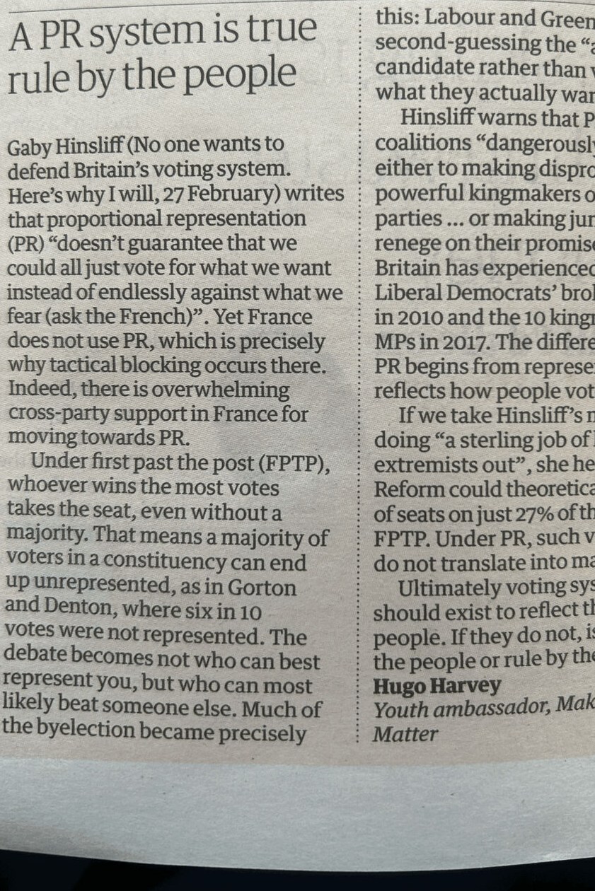 Letter to the editor on proportional representation